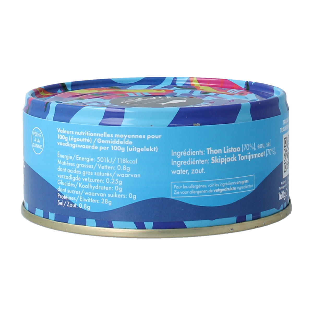 Canned Fish 4 Ever tuna chunks in water, 160g, showing the can with label and tuna pieces inside
