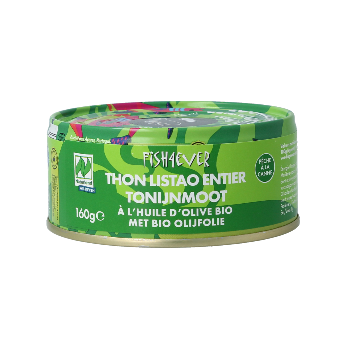 Canned Fish 4 Ever Tonijnmoot in olijfolie, 160g, showing tuna chunks in olive oil in the can.