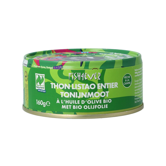 Canned Fish 4 Ever Tonijnmoot in olijfolie, 160g, showing tuna chunks in olive oil in the can.