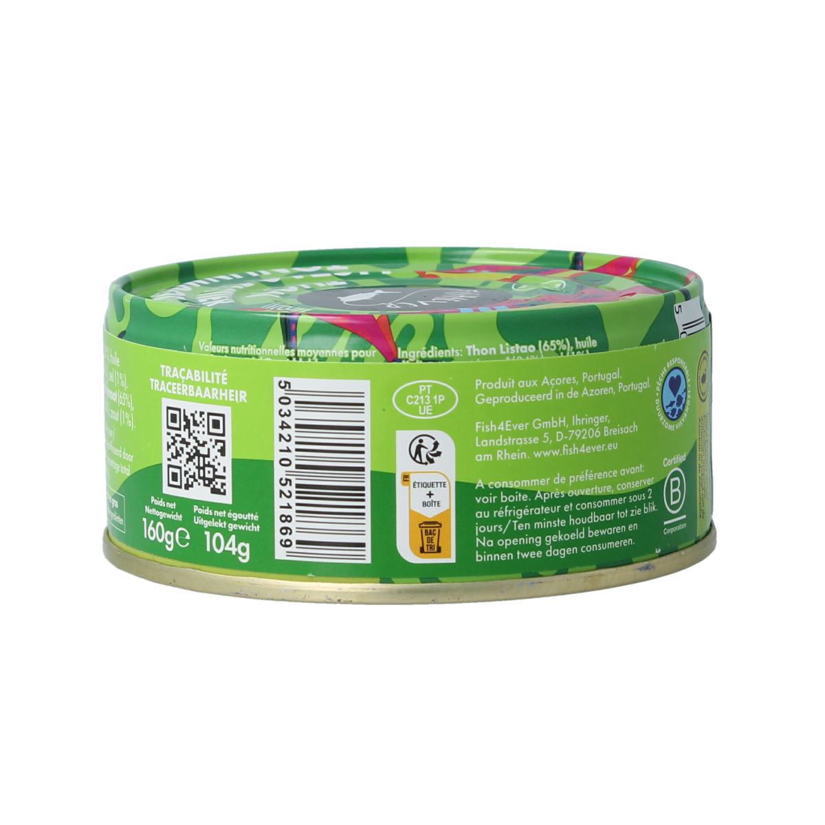Canned Fish 4 Ever Tonijnmoot in olijfolie, 160g, showing tuna fillets in olive oil in a can.