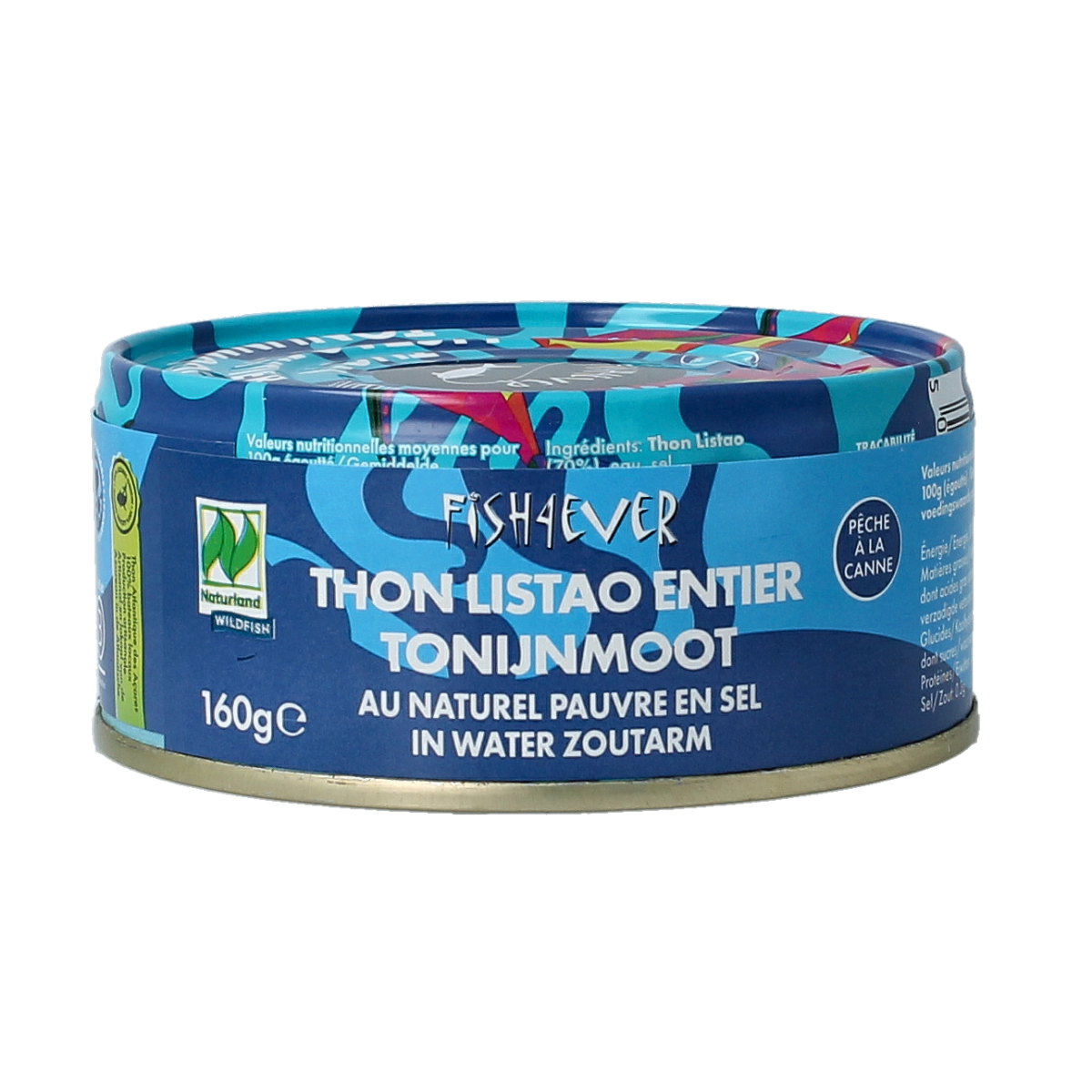 Canned Fish 4 Ever Tonijnmoot in water, 160g, showing the product can with tuna fillets in water.