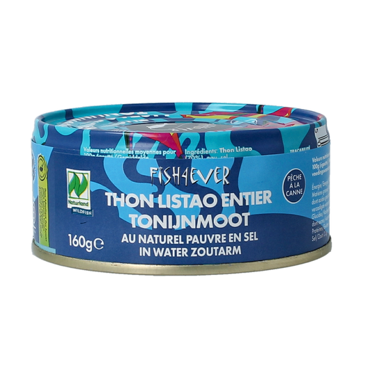 Canned Fish 4 Ever Tonijnmoot in water, 160g, showing the product can with tuna fillets in water.