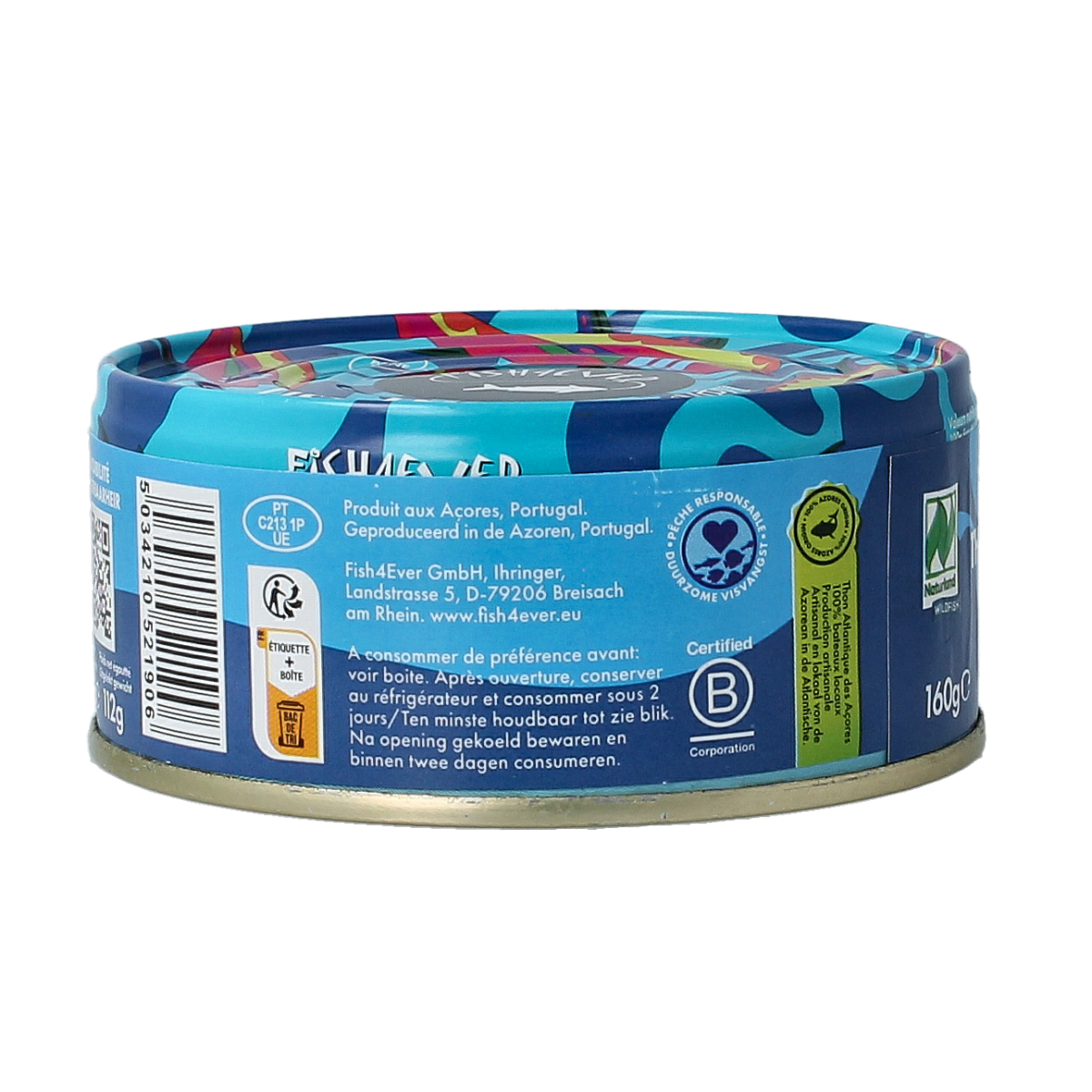 Canned Fish 4 Ever tuna loin in water, 160g, showing the tin with tuna pieces submerged in water.