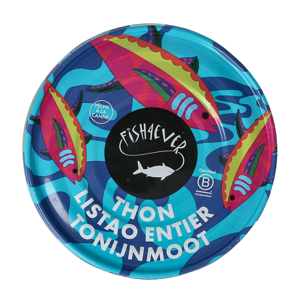 Canned Fish 4 Ever Tonijnmoot in water, 160g, showing the product label and can with tuna chunks in water