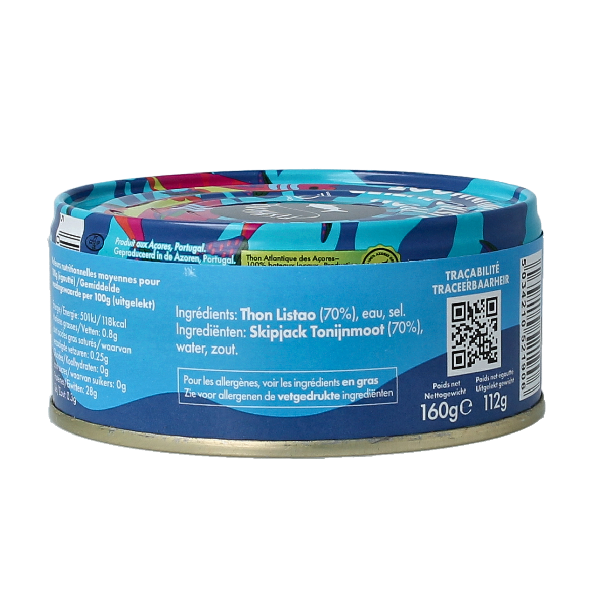 Canned Fish 4 Ever Tonijnmoot in water, 160g, showing the tuna fillet in a transparent can with label details.