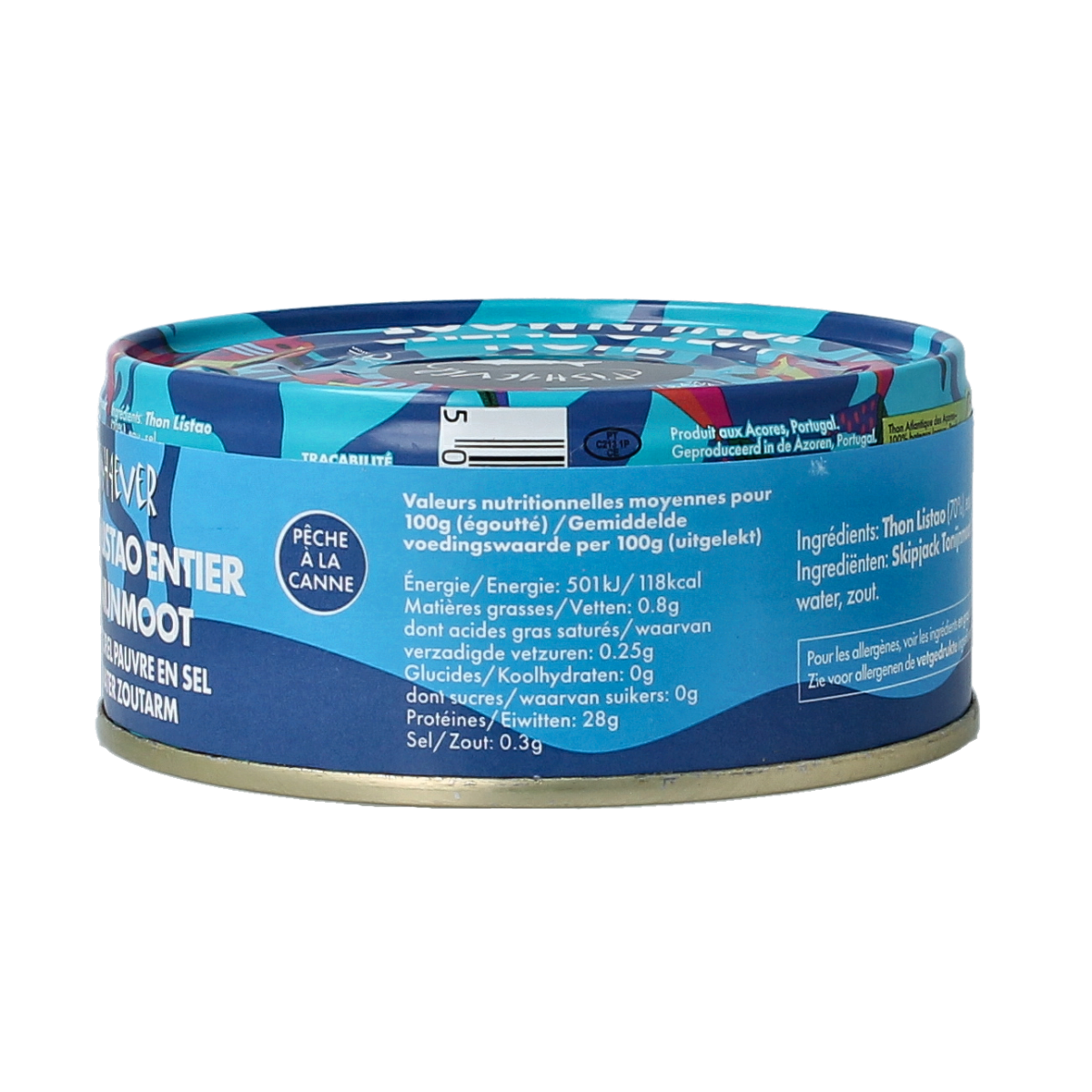 Canned Fish 4 Ever Tonijnmoot in water, 160g, showing a tuna fillet in water inside the can.