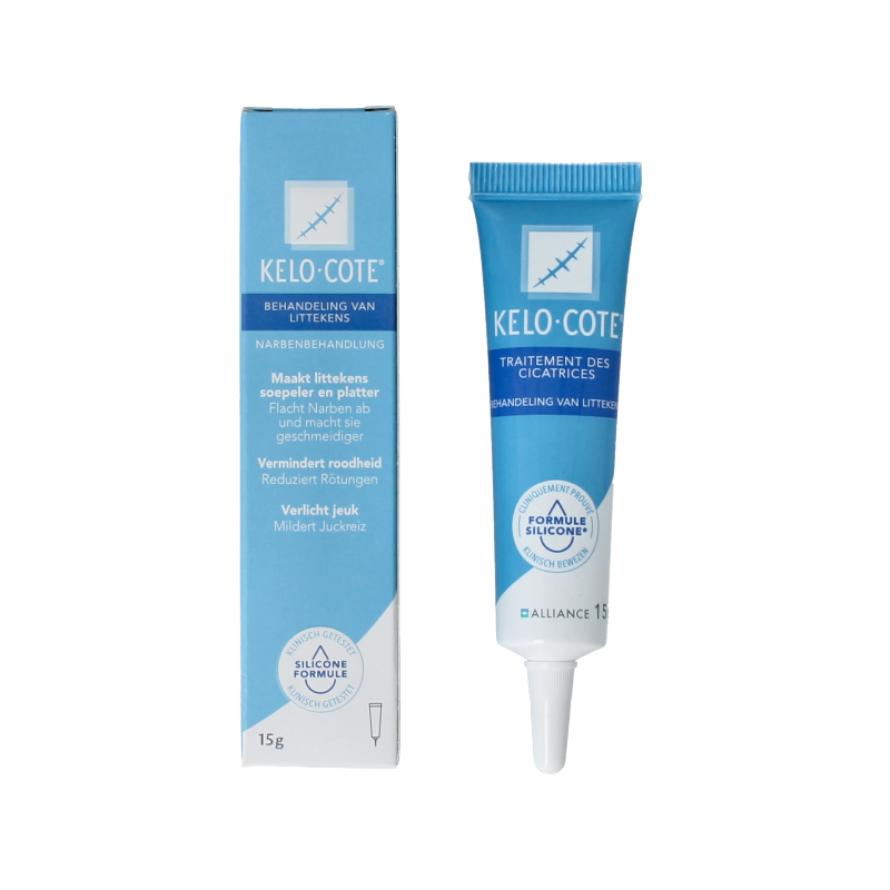 Kelo Cote Silicon littekengel in 15g tube, body skincare product with clear silicone gel for scar treatment.