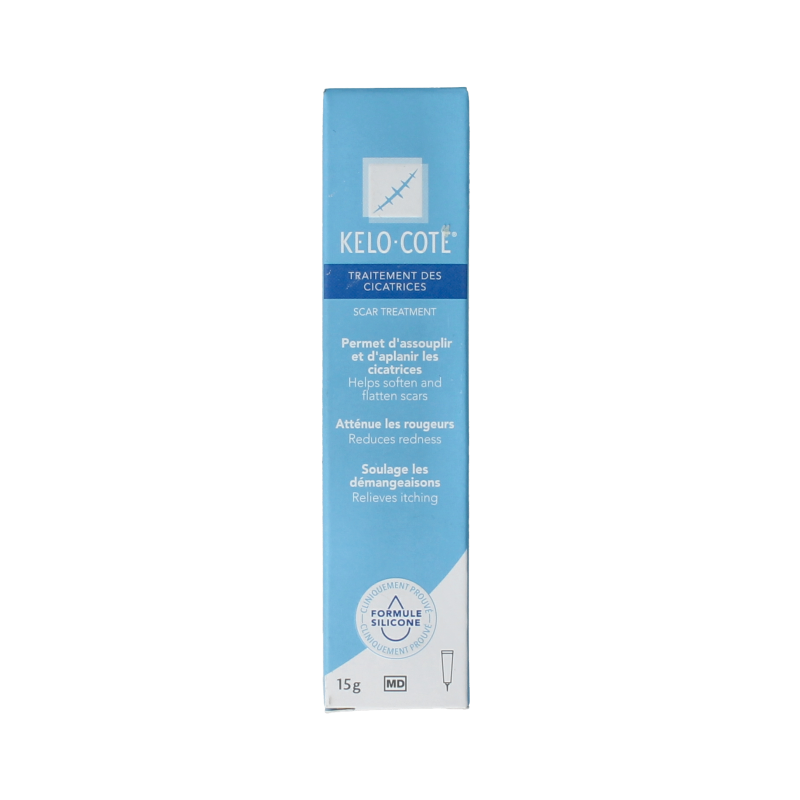 Kelo Cote Silicon littekengel in 15 gram tube, body care product for scar treatment, shown in the image.