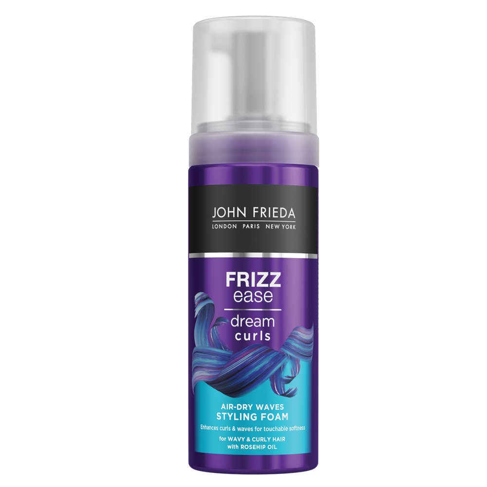 John Frieda Frizz Ease Foam Air Dry Waves styling product in 150ml bottle, shown with the hair styling foam and packaging.