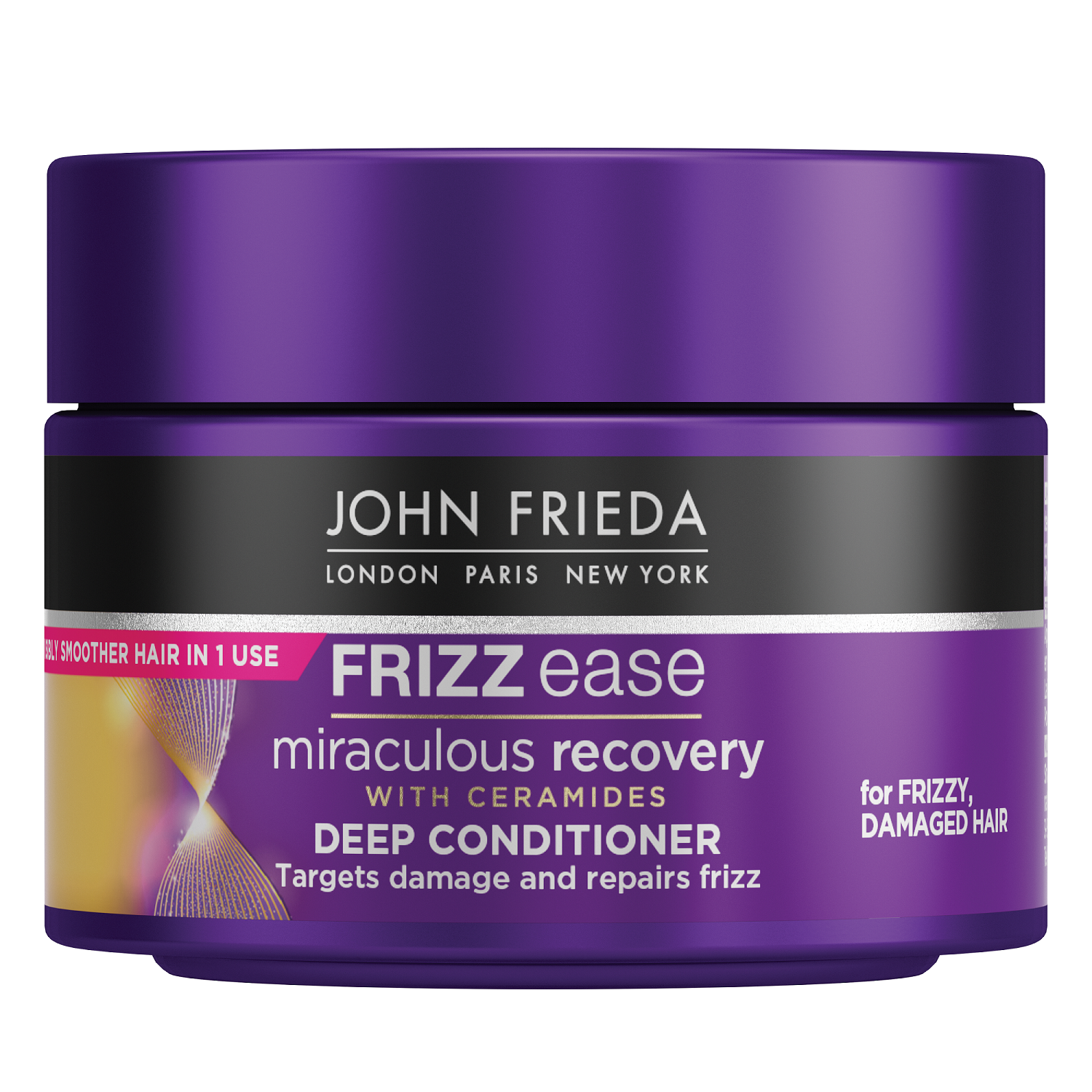 John Frieda Frizz Ease Miraculous Recovery Deep Conditioner bottle, 250ml, for frizzy hair care, in a sleek container.