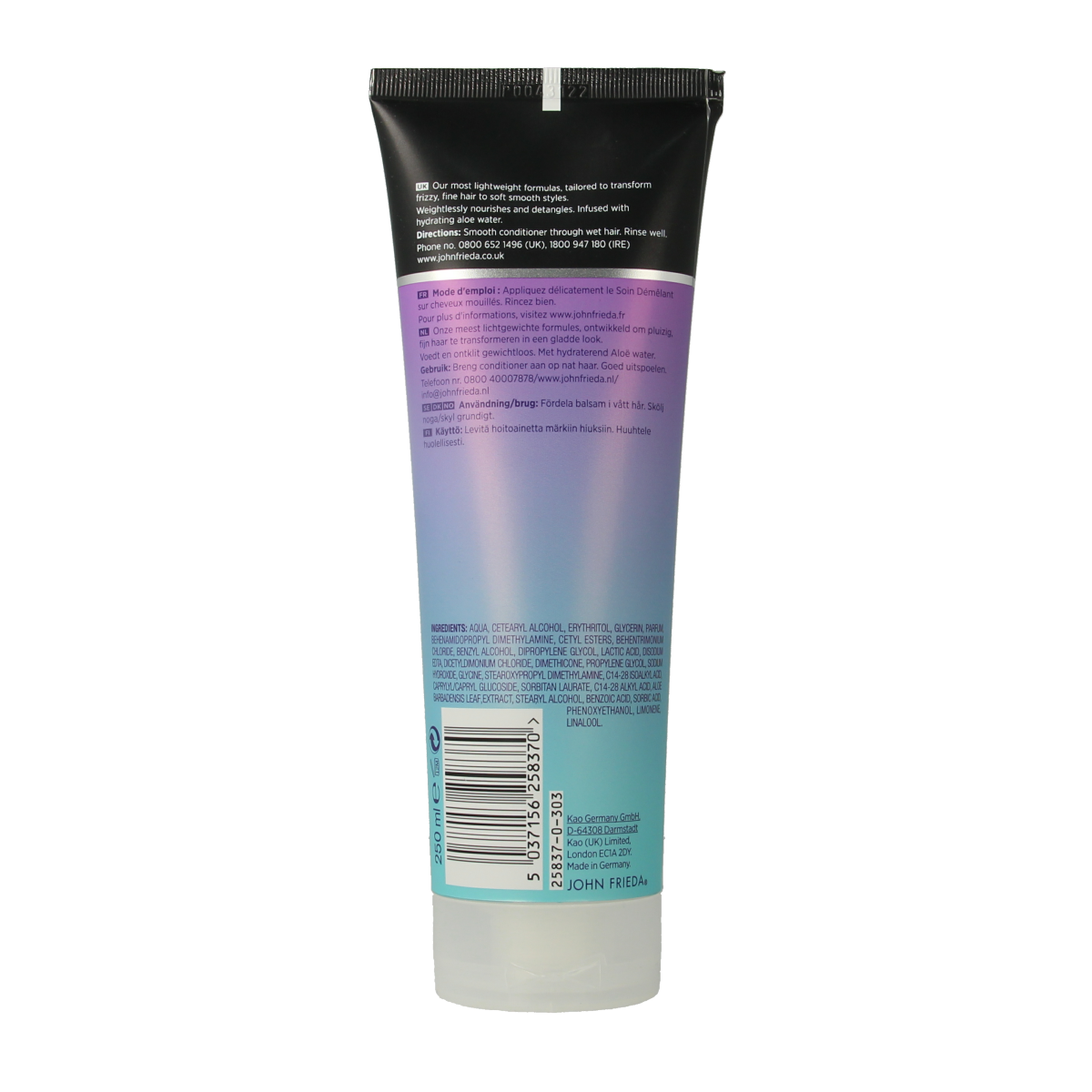 John Frieda Weightless Wonder Conditioner 250ml for lightweight hair care, showing the white bottle with blue and silver accents.