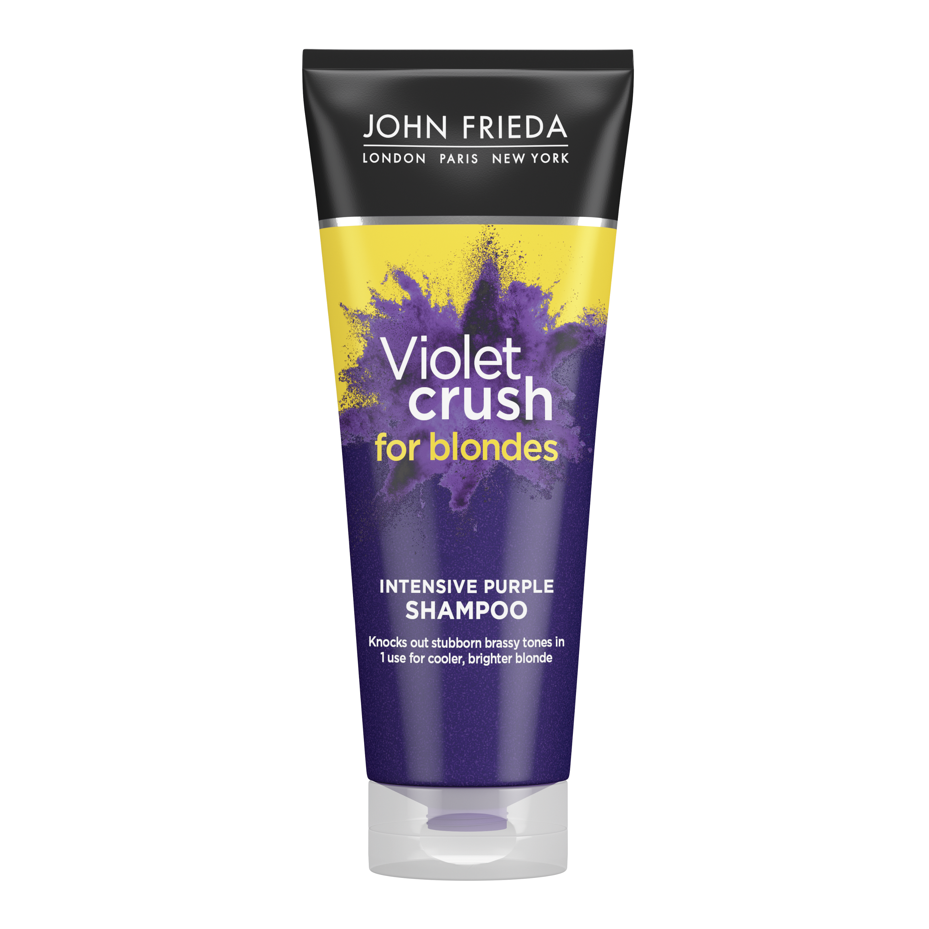 John Frieda Violet Crush shampoo bottle, 250ml, in a purple and white packaging, designed for hair care and color maintenance.