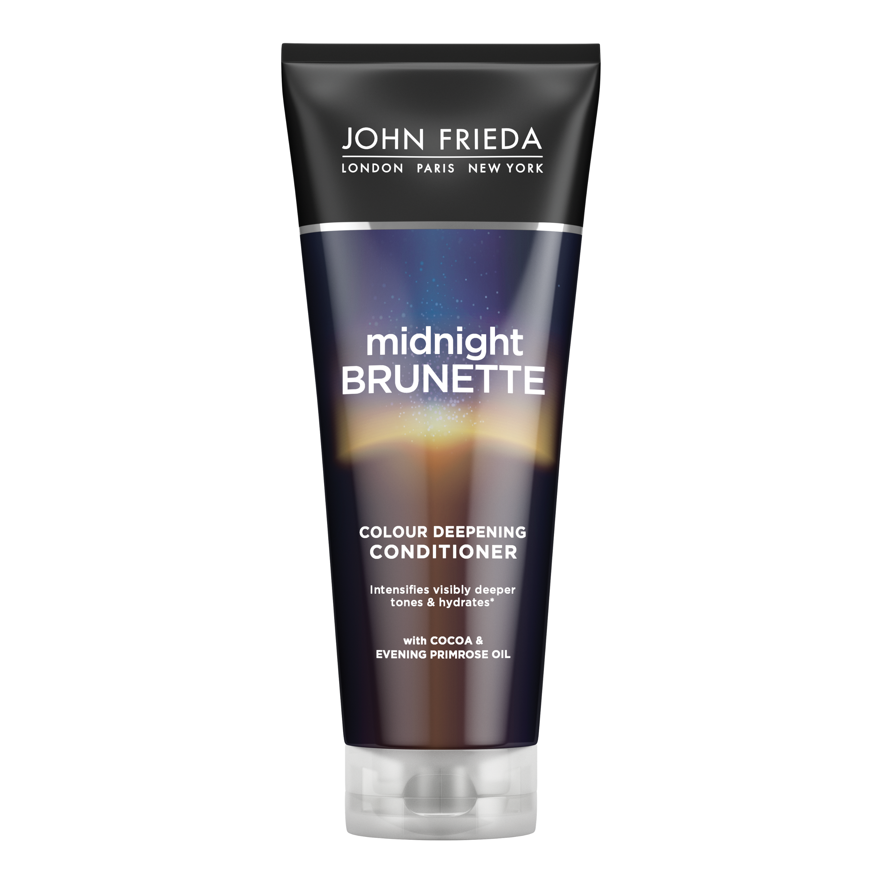 John Frieda Brilliant Brunette Midnight Brunette conditioner in a 250ml bottle, showcasing the hair care product with branding and packaging.
