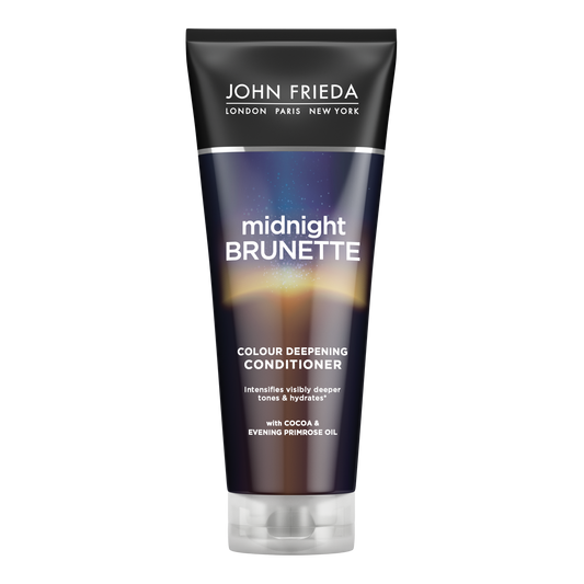 John Frieda Brilliant Brunette Midnight Brunette conditioner in a 250ml bottle, showcasing the hair care product with branding and packaging.
