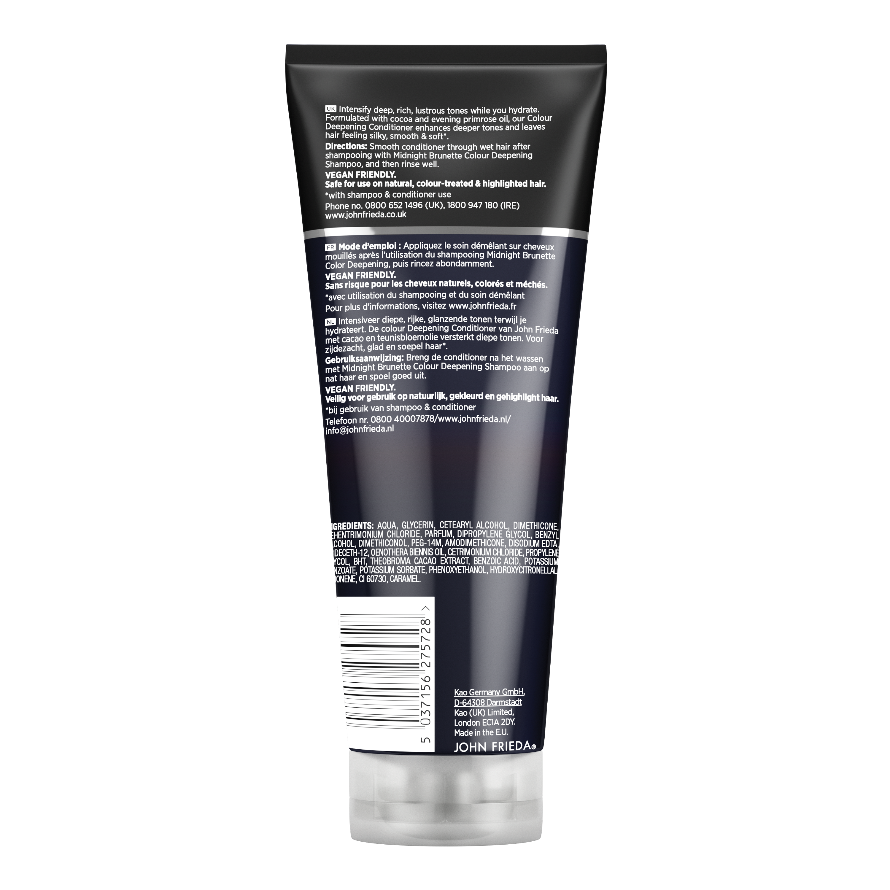 John Frieda Brilliant Brunette Midnight Brunette conditioner bottle, 250ml, hair care product for brunette hair.