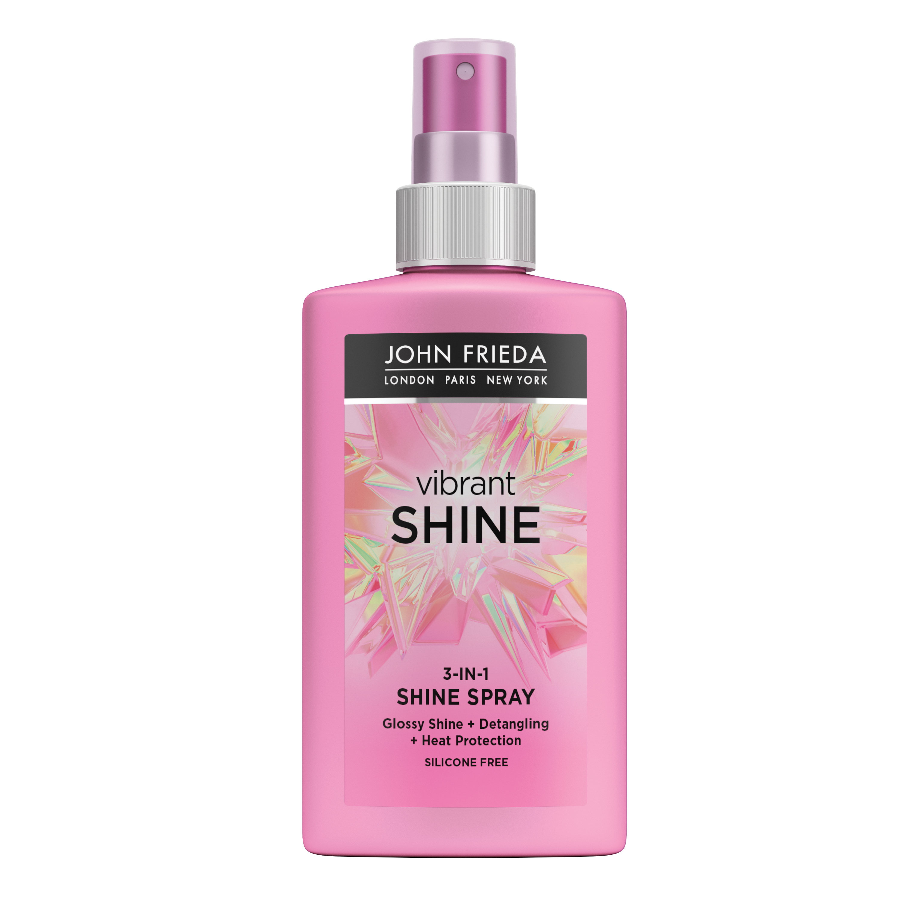 John Frieda Vibrant Shine 3-in-1 shine spray bottle, 150ml, for hair care with a glossy finish and enhanced shine.