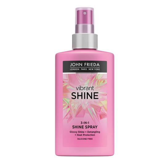 John Frieda Vibrant Shine 3-in-1 shine spray bottle, 150ml, for hair care with a glossy finish and enhanced shine.
