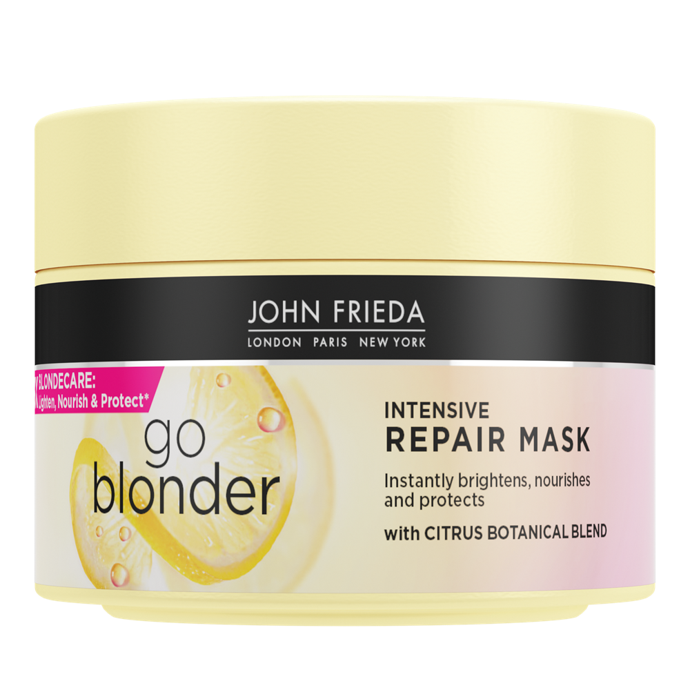 John Frieda Go Blonder Intensive Repair Mask for hair, 250ml, shown in a sleek jar with blue and white packaging.