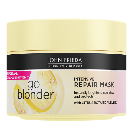 John Frieda Go Blonder Intensive Repair Mask for hair, 250ml, shown in a sleek jar with blue and white packaging.