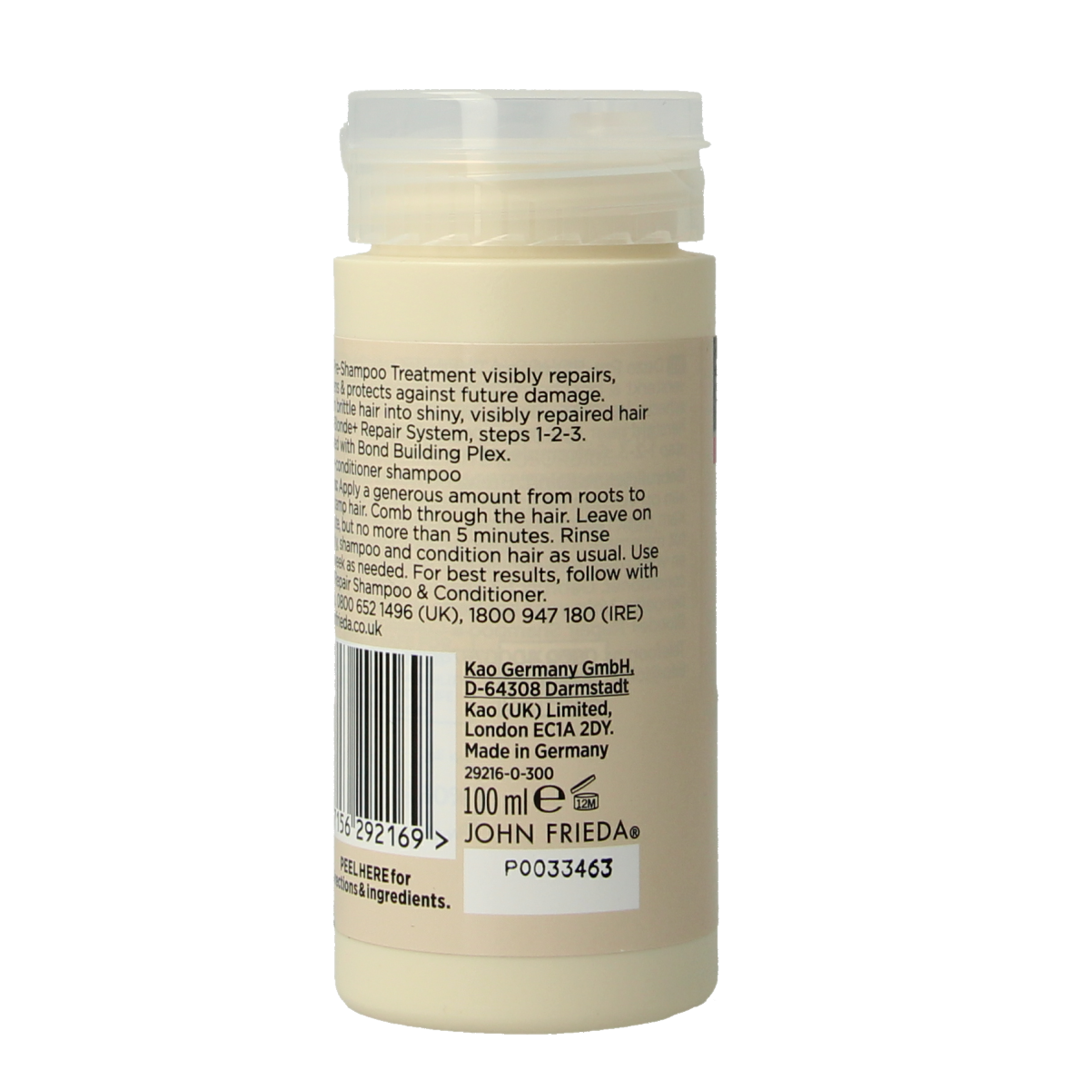 John Frieda Blonde + Repair Bond Pre-Shampoo bottle, 100ml, for damaged blonde hair, with blue and white packaging.