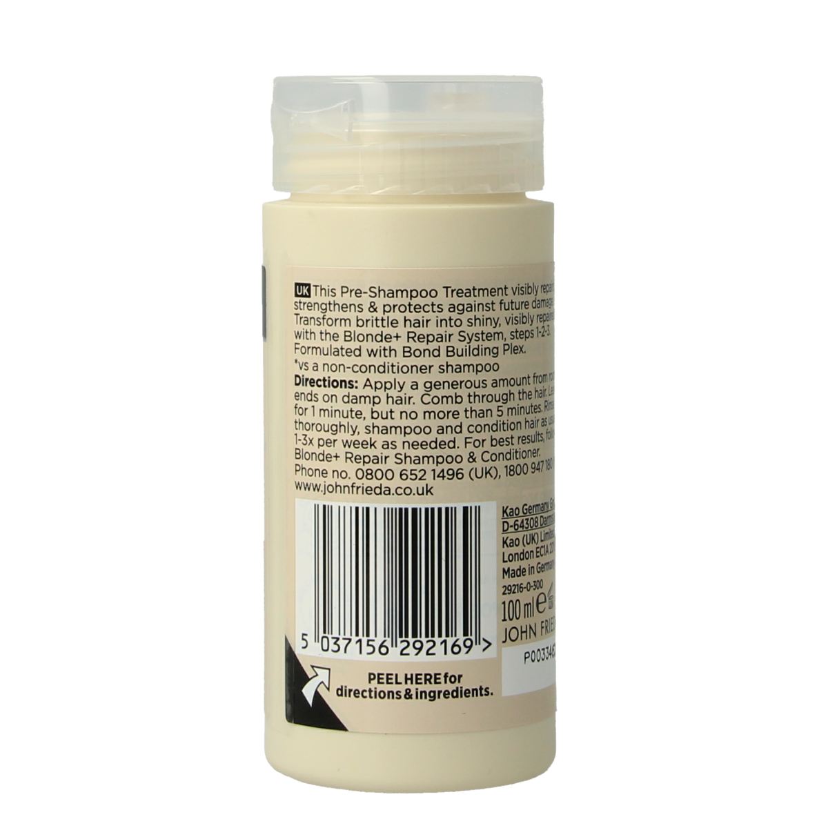 John Frieda Blonde + Repair Bond pre-shampoo bottle, 100ml, Haarverzorging product for damaged blonde hair care.