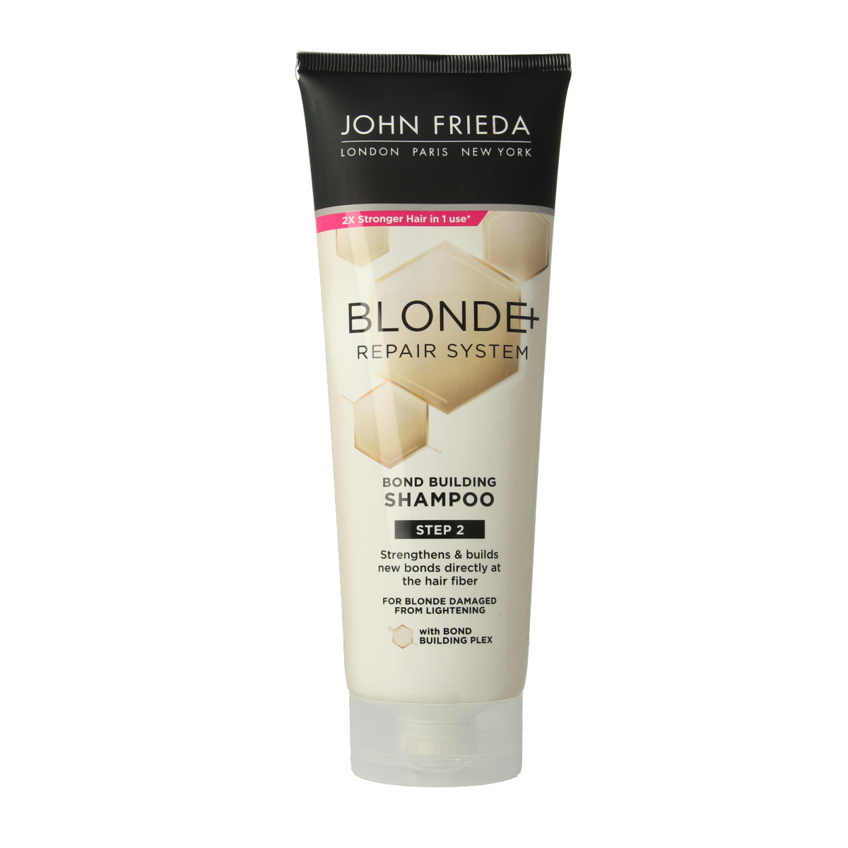 John Frieda Blonde Repair Bond Shampoo 250ml bottle, creamy formula, with a sleek label, designed for blonde hair repair and strengthening.