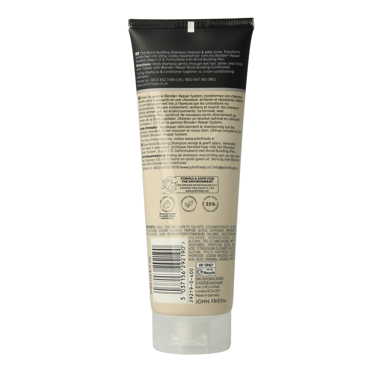 John Frieda Blonde Repair Bond Shampoo 250ml, a hair care product designed for blonde hair repair and bonding.