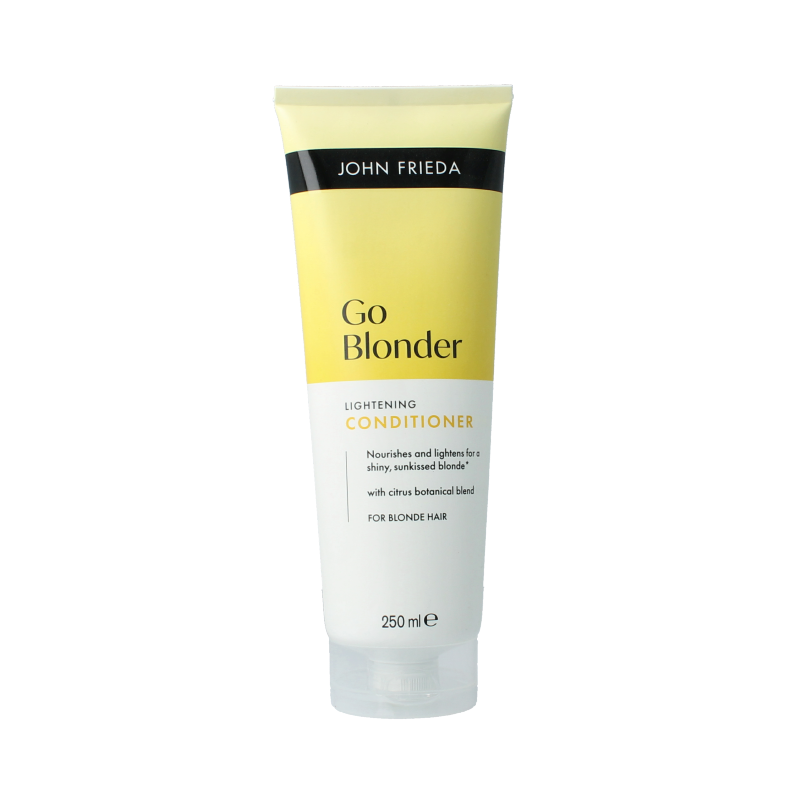 John Frieda Go Blonder lightening conditioner bottle, 250ml, in a clear plastic container with label, for blonde hair care.