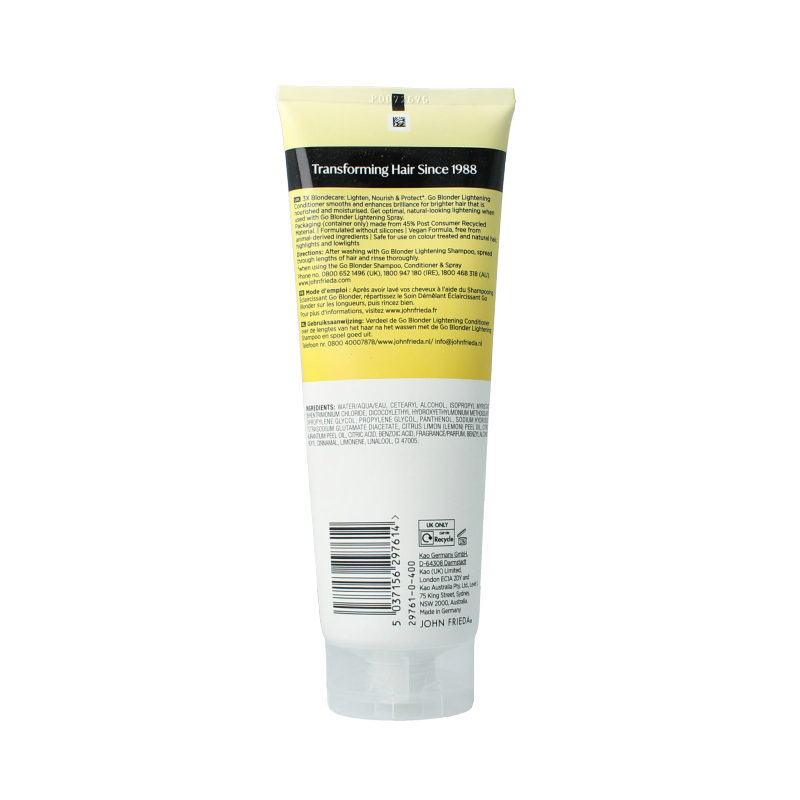 John Frieda Go Blonder lightening conditioner in 250ml bottle, hydrating hair care product for blonde hair.
