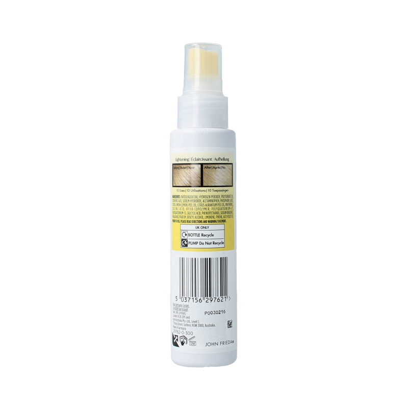 John Frieda Go Blonder lightening spray bottle for hair coloring, 100ml, with spray nozzle and product label visible.