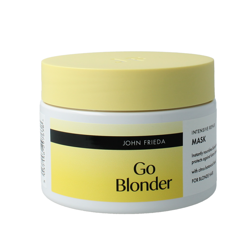 John Frieda Go Blonder Repair Mask in a 250ml jar, shown with the product label and packaging for hair care treatment.