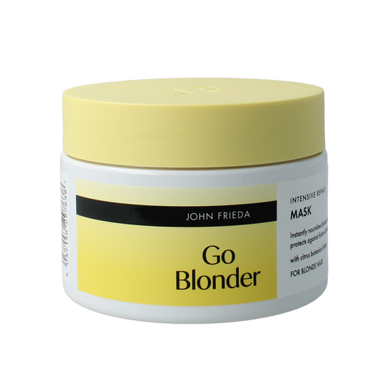 John Frieda Go Blonder Repair Mask in a 250ml jar, shown with the product label and packaging for hair care treatment.