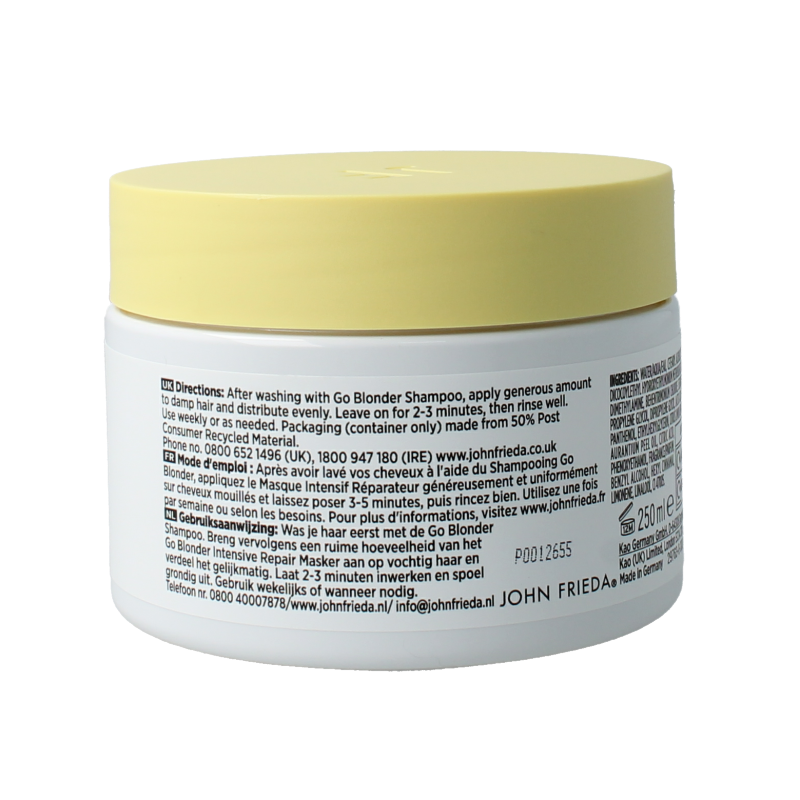 John Frieda Go Blonder Repair Mask 250ml hair care product in a white jar with a blue label, designed for blonde hair repair.