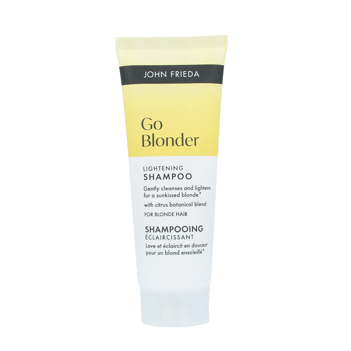 John Frieda Go Blonder lightening shampoo bottle, 75ml, for hair brightening and blonde enhancement.