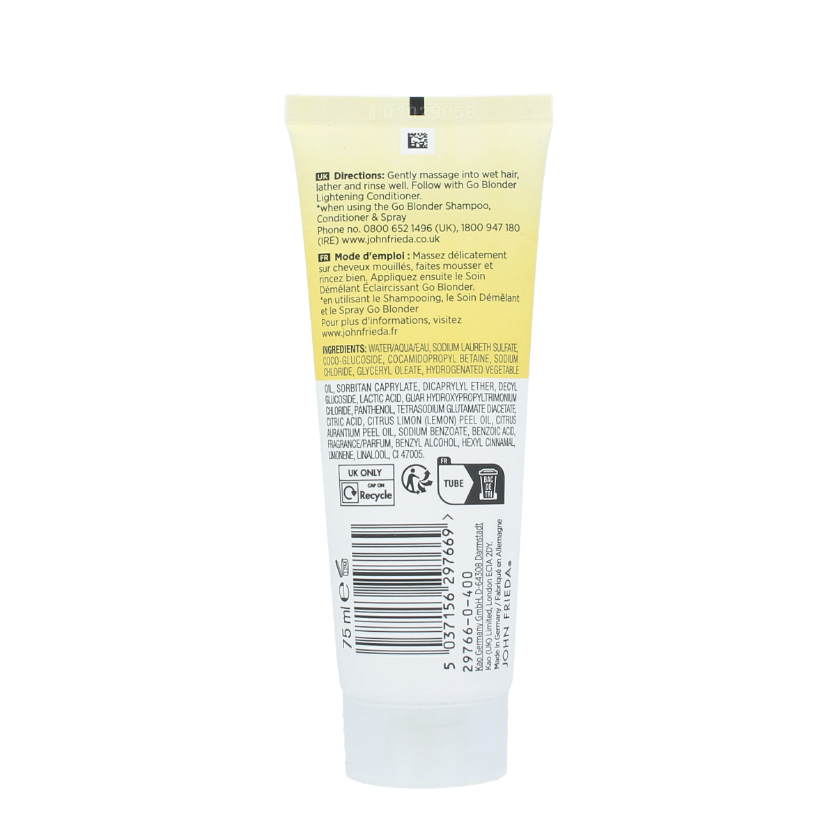 John Frieda Go Blonder lightening shampoo bottle, 75ml, in a sleek packaging for hair care and brightening blonde hair.