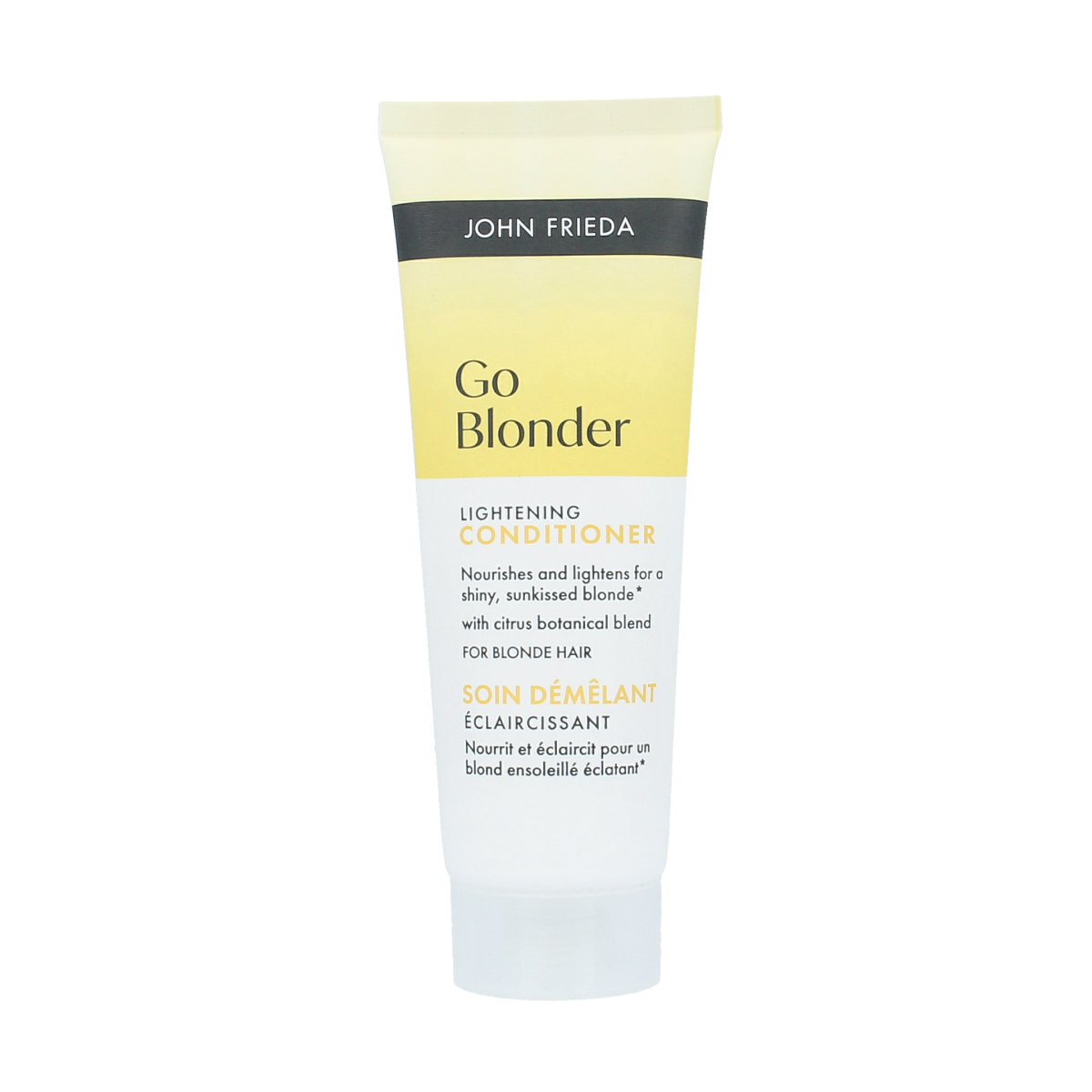 John Frieda Go Blonder lightening conditioner in 75ml bottle, hair care product for blonde hair enhancement.