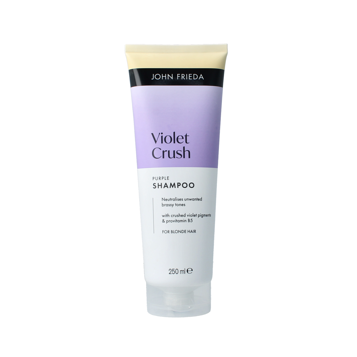 John Frieda Violet Crush daily purple shampoo bottle showing 250ml size, designed for blonde and gray hair care.