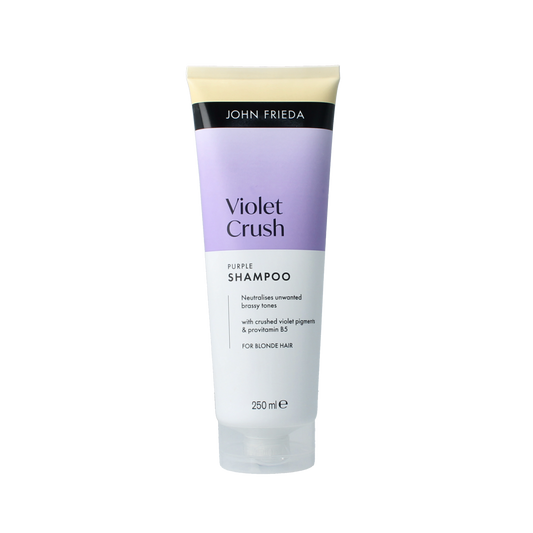 John Frieda Violet Crush daily purple shampoo bottle showing 250ml size, designed for blonde and gray hair care.