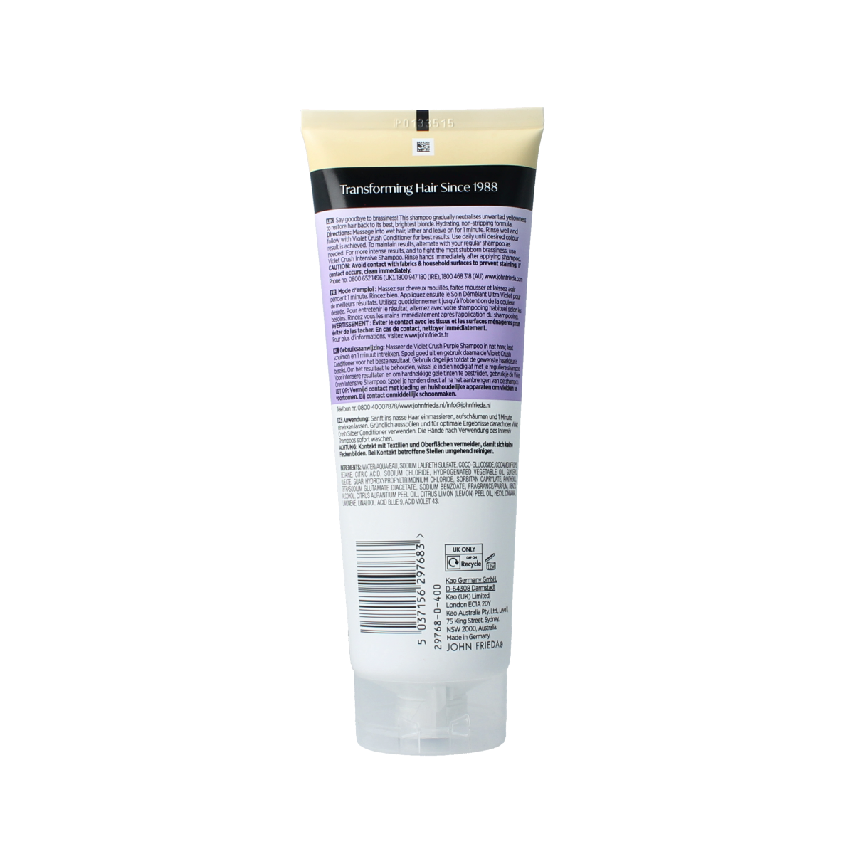 John Frieda Violet Crush daily purple shampoo bottle, 250ml, for blonde hair care and color toning.