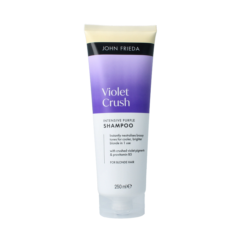 John Frieda Violet Crush purple shampoo in 250ml bottle, designed for hair care and color toning.