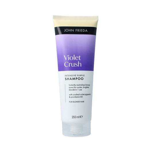 John Frieda Violet Crush purple shampoo in 250ml bottle, designed for hair care and color toning.