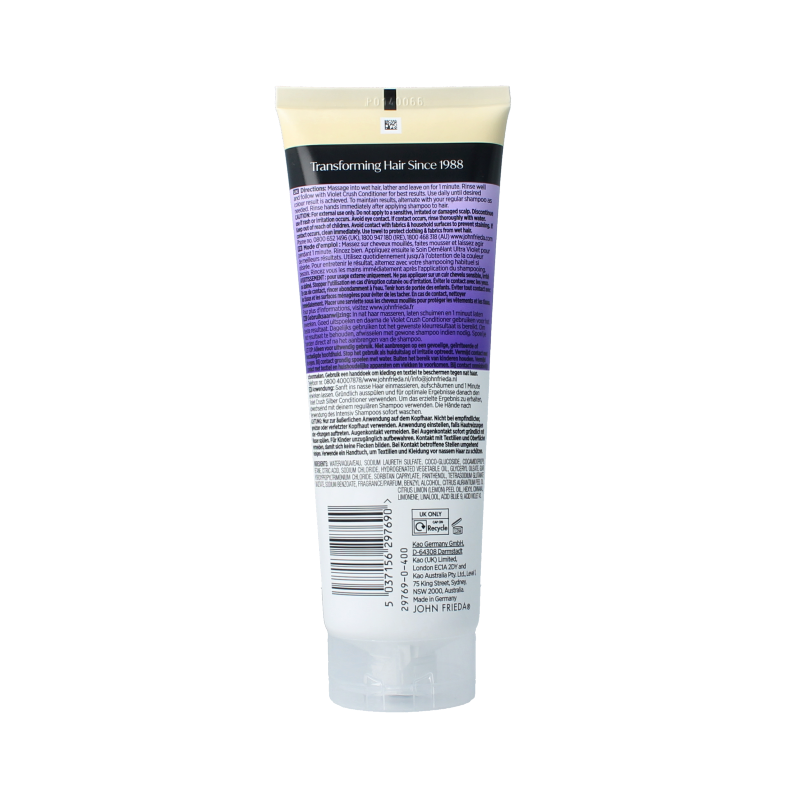 John Frieda Violet Crush intensive purple shampoo bottle for hair care, 250ml, with purple and white packaging.