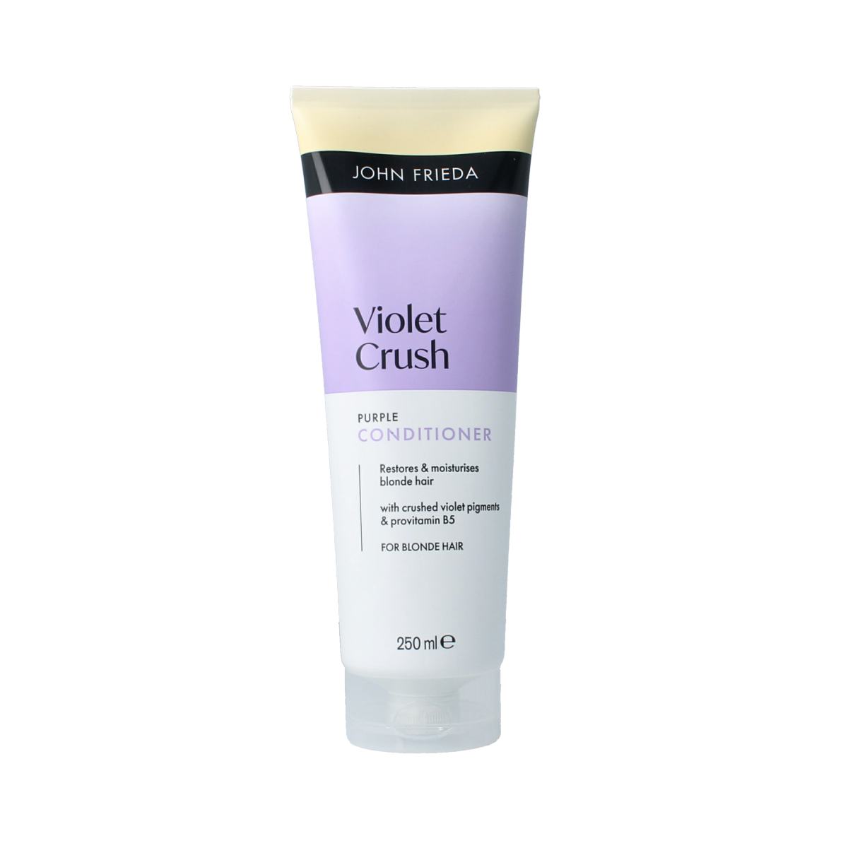 John Frieda Violet Crush purple conditioner bottle, 250ml, with purple and white packaging, for toning blonde hair.