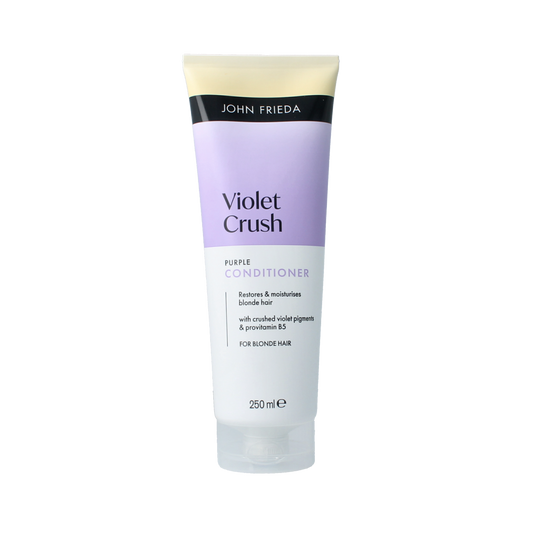 John Frieda Violet Crush purple conditioner bottle, 250ml, with purple and white packaging, for toning blonde hair.