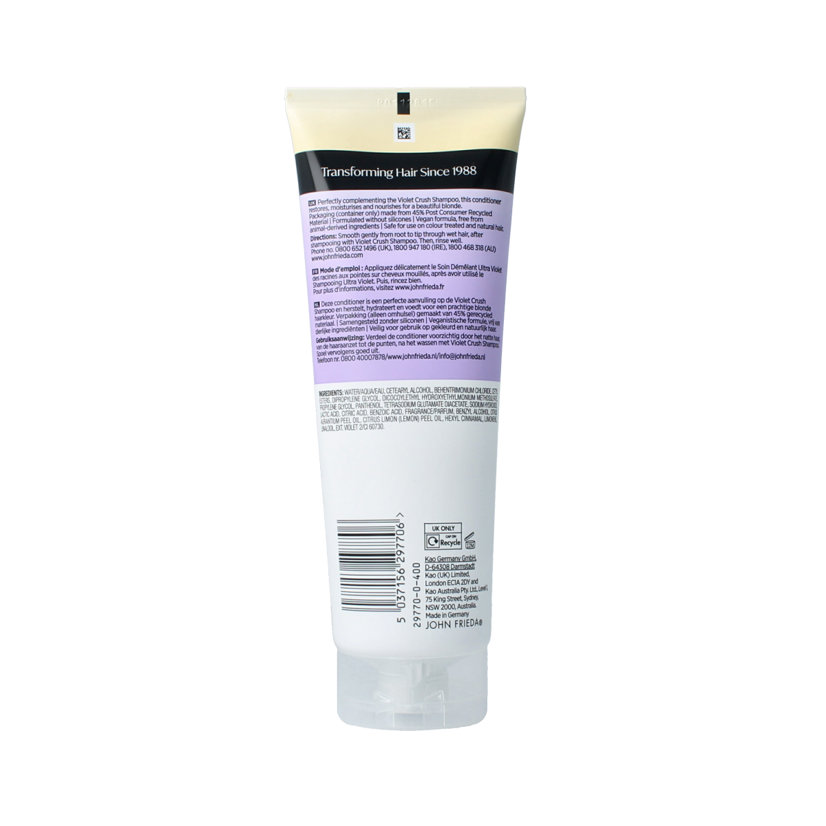 John Frieda Violet Crush purple conditioner bottle, 250ml, showcasing the Haarverzorging product with purple-themed packaging.