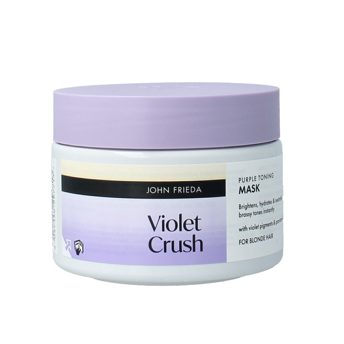 John Frieda Violet Crush toning mask in a 250ml jar, designed for hair care to neutralize yellow tones and enhance purple hues.