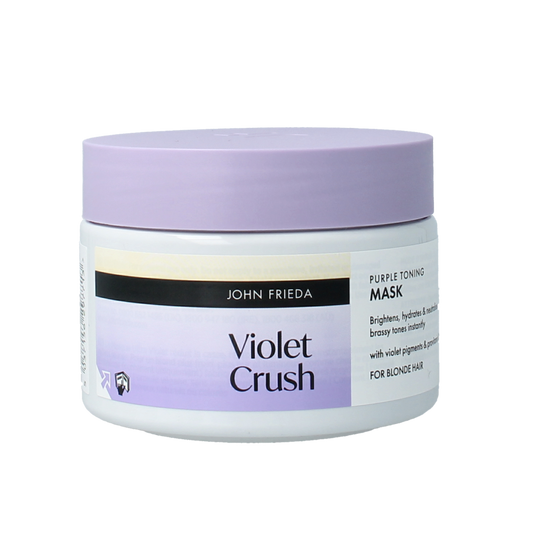 John Frieda Violet Crush toning mask in a 250ml jar, designed for hair care to neutralize yellow tones and enhance purple hues.