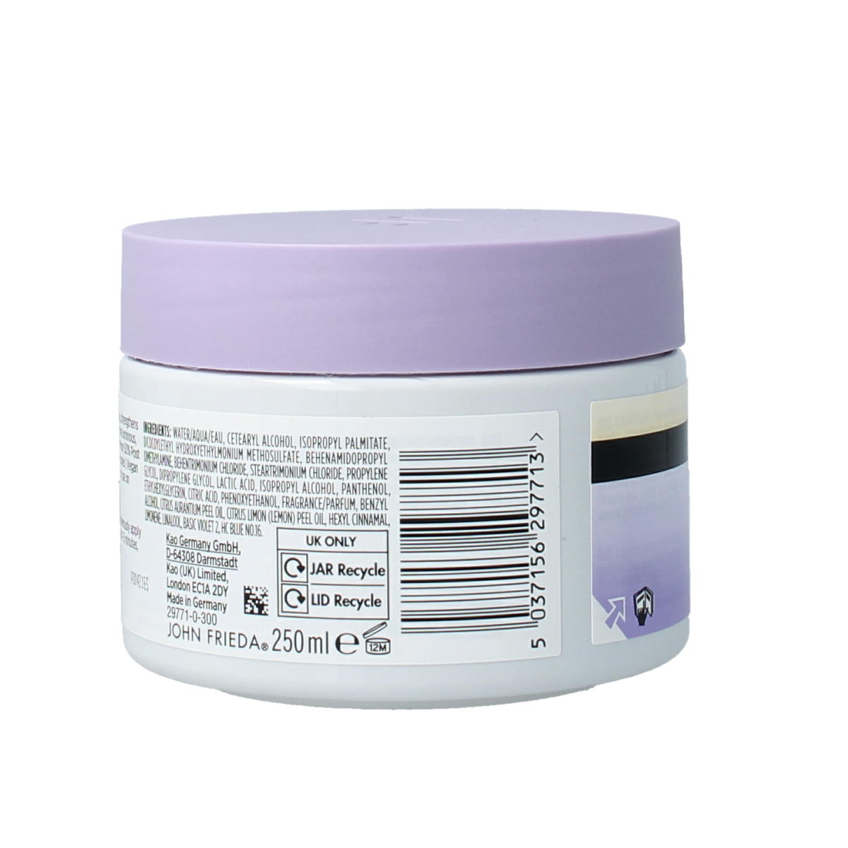 John Frieda Violet Crush toning mask for hair, 250ml, purple color, nourishing hair care treatment in a jar with purple label.