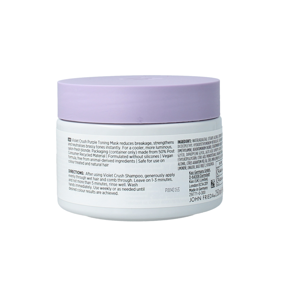 John Frieda Violet Crush toning mask for hair, purple color, 250ml bottle, nourishing hair care product with violet pigments.