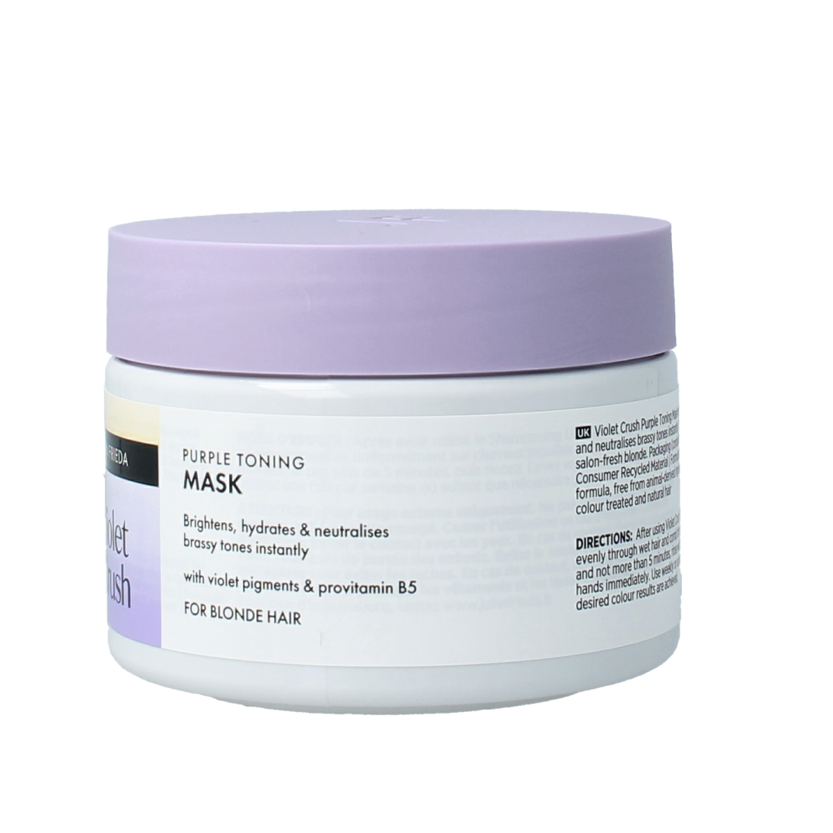 John Frieda Violet Crush toning mask for hair, 250ml, purple hair treatment to neutralize yellow tones, in a jar.